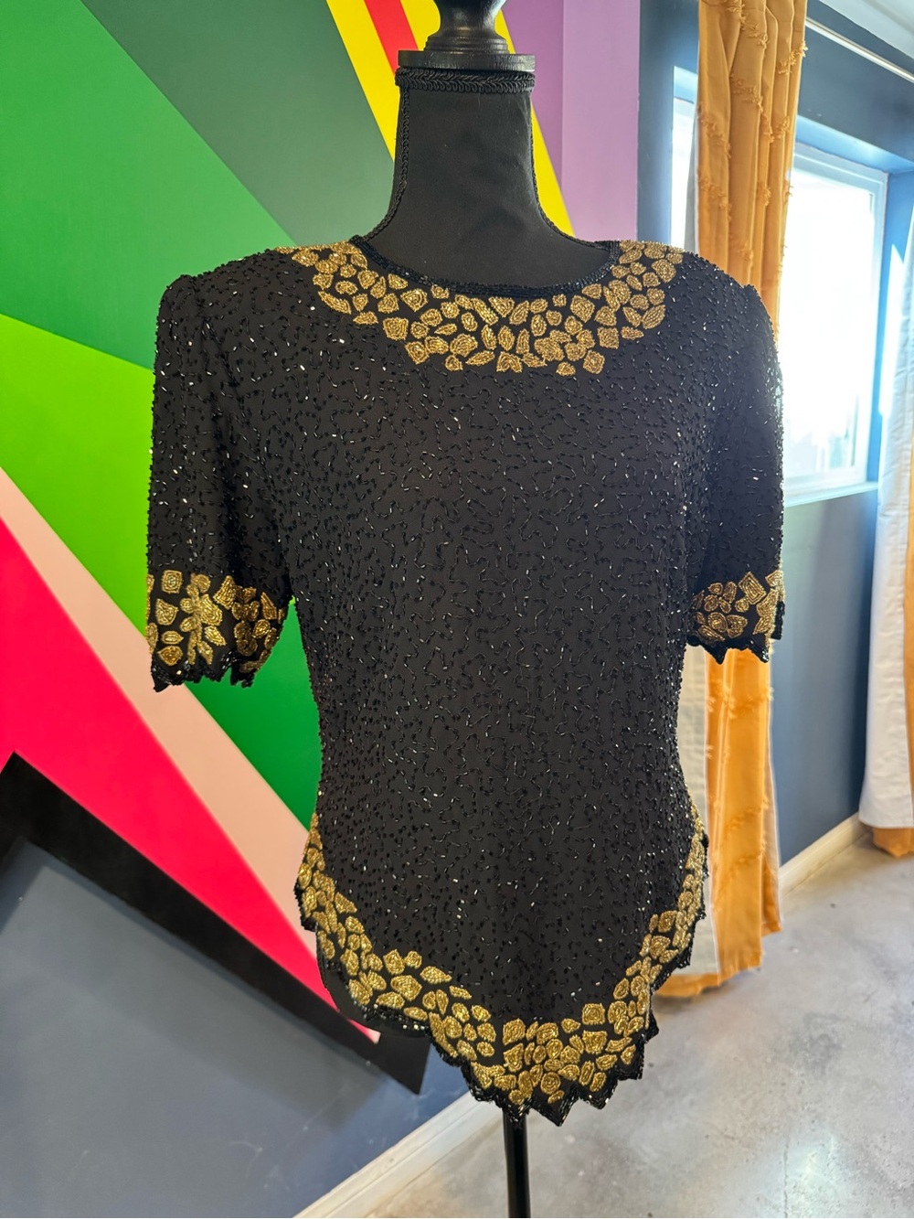 Laurence Kazar Black & Gold Beaded Silk Top